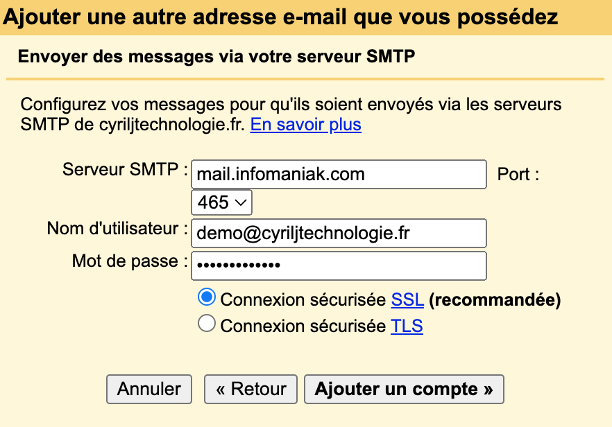 Paramètres serveur SMTP